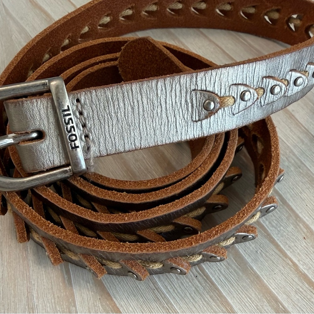Fossil Brown Leather Braided Accent Belt with Silver Buckle Y2K
